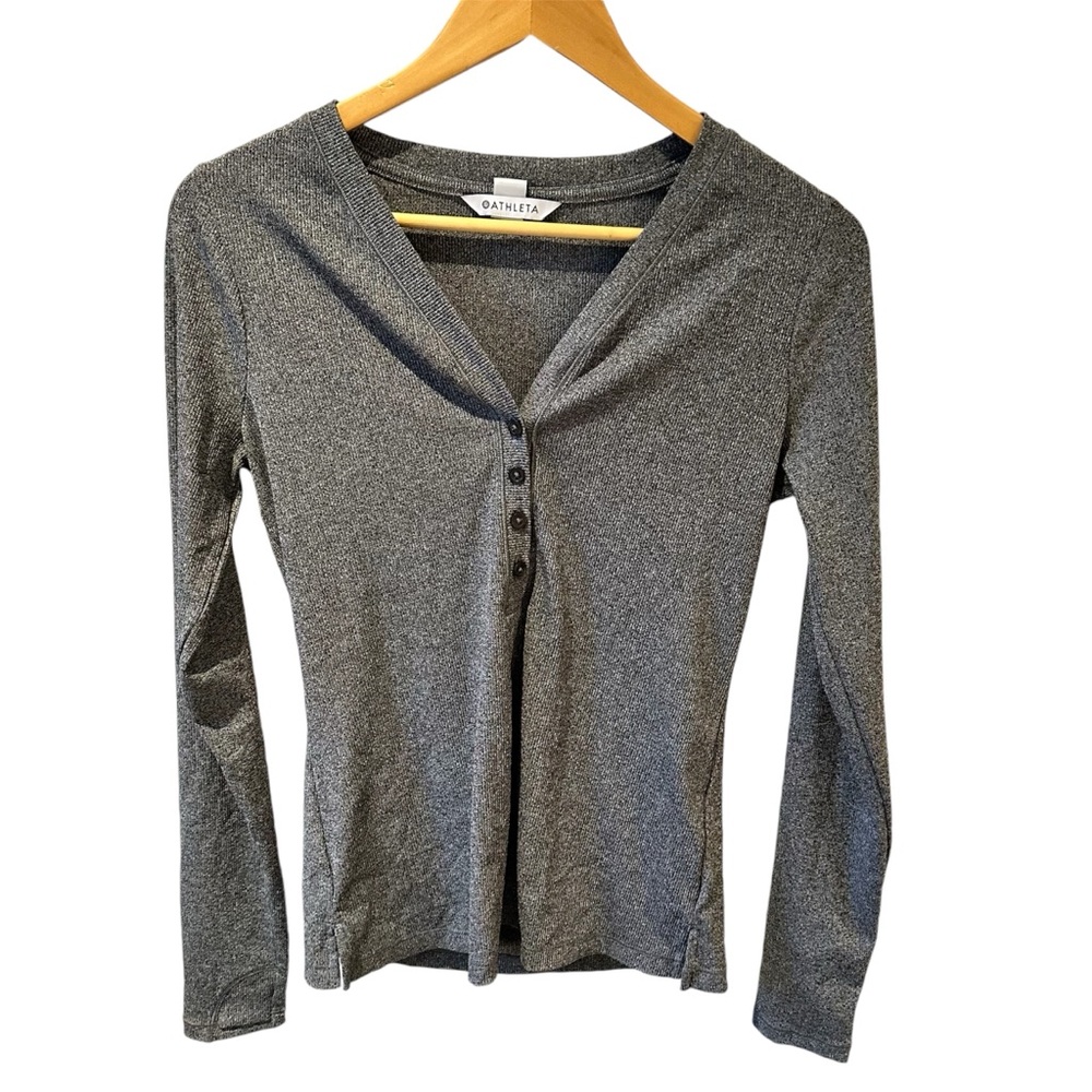 ATHLETA Uptempo Ribbed Henley Top Long Sleeve Shirt Thumbholes Gray Size Small